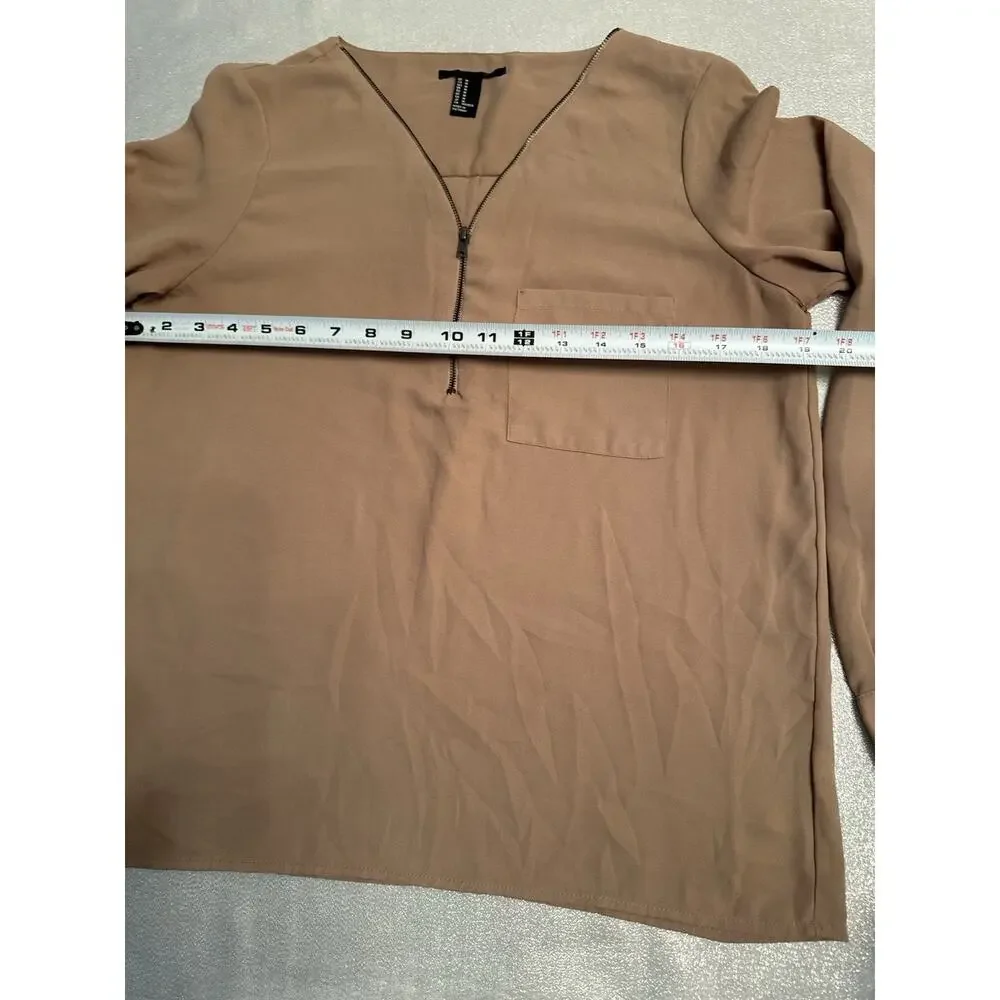 Forever 21 Tan Beige Blouse Work Career Zipper Women's Medium